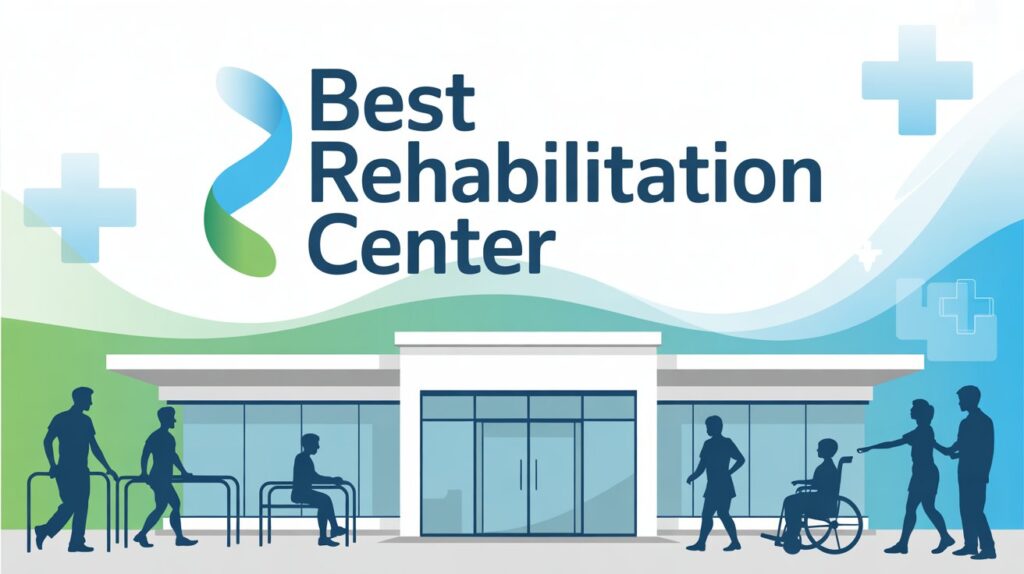 Best Rehabilitation Center illustration showing a modern rehab facility with patients receiving physiotherapy support, including walking aids, wheelchair assistance, and professional rehabilitation care.