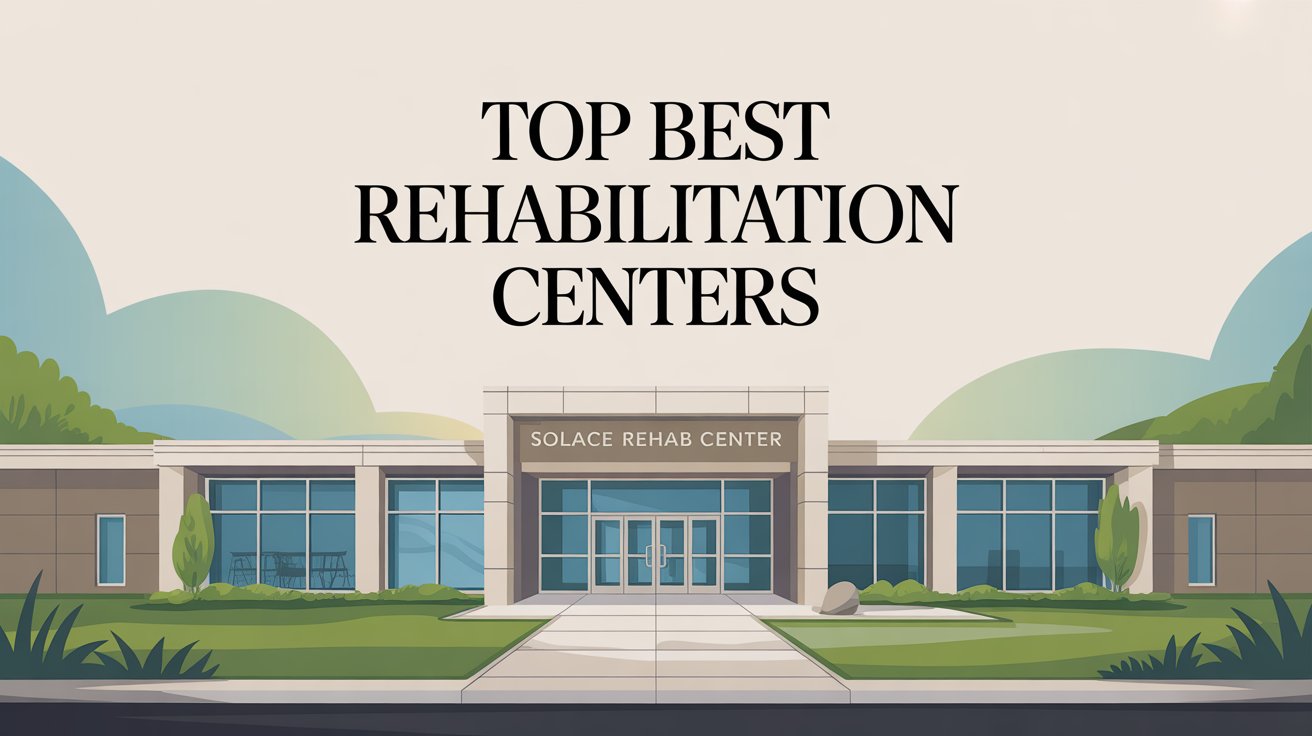 Top best rehabilitation centers illustration showing the front view of Solace Rehab Center building with modern design and greenery.