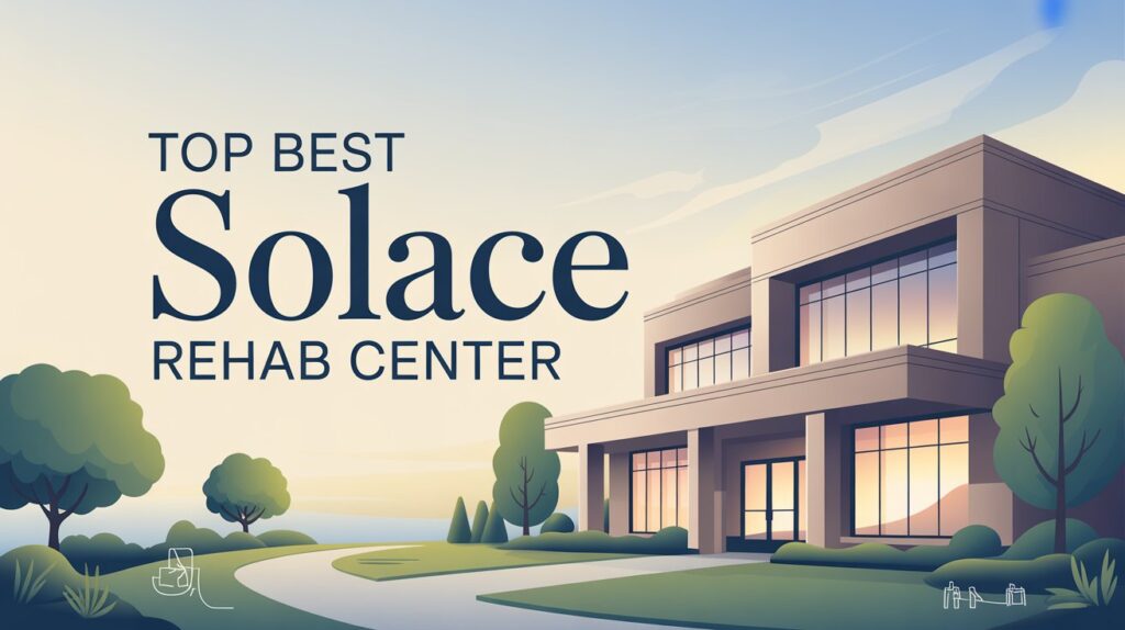 Top best Solace Rehab Center illustration showing a modern rehabilitation facility building with greenery, clean pathways, and a calm healthcare environment.